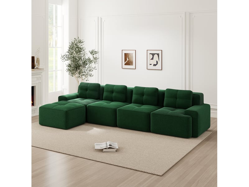  Canapé d'angle modulaire ulevr 4 places avec méridienne, velours côtelé vert, assise profonde 74 cm, 382 x 177 x 69 cm  - Conforama E