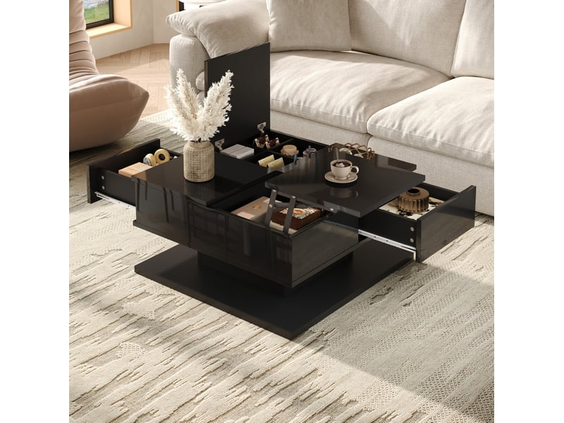  Table basse relevable 72x72x35 cm, tiroirs, plateau à abattant, led app, finition haut‑brillante, mdf, noire  - Conforama E