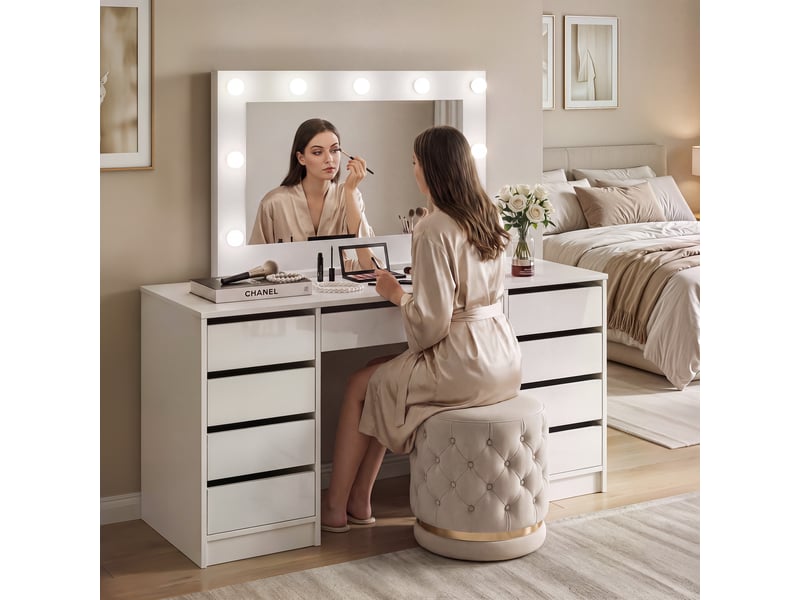  Coiffeuse bella doppio - avec miroir - éclairage led - 150x55x78 cm - blanc brillant BELLA - Conforama B