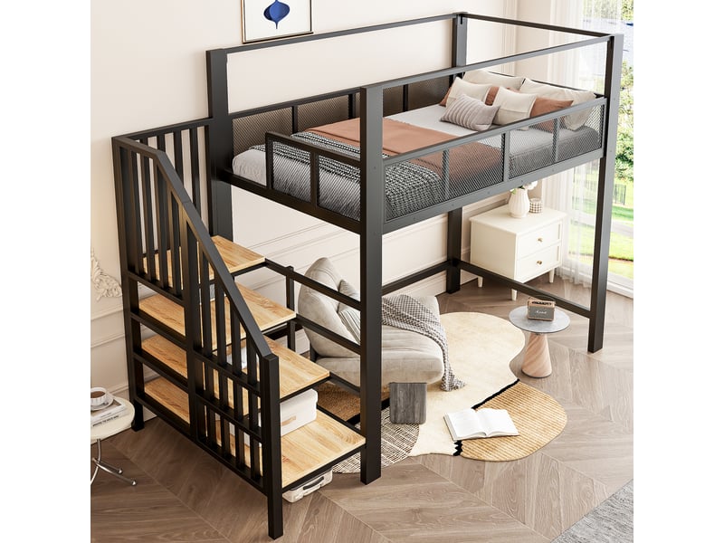 Lit mezzanine 1 place 90 x 200 cm en métal noir avec baldaquin, escalier sécurisé à rangements, garde-corps en maille et espace libre sous le lit - Conforama D