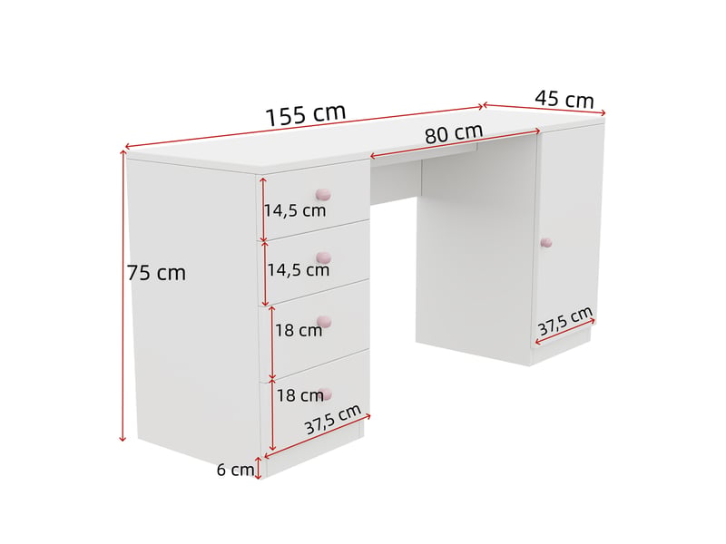  Bureau enfant 155 x 45 x 74 cm avec 4 tiroirs,étagère et rangements,poignées en céramique rose,blanc Bliss Lite - Conforama C