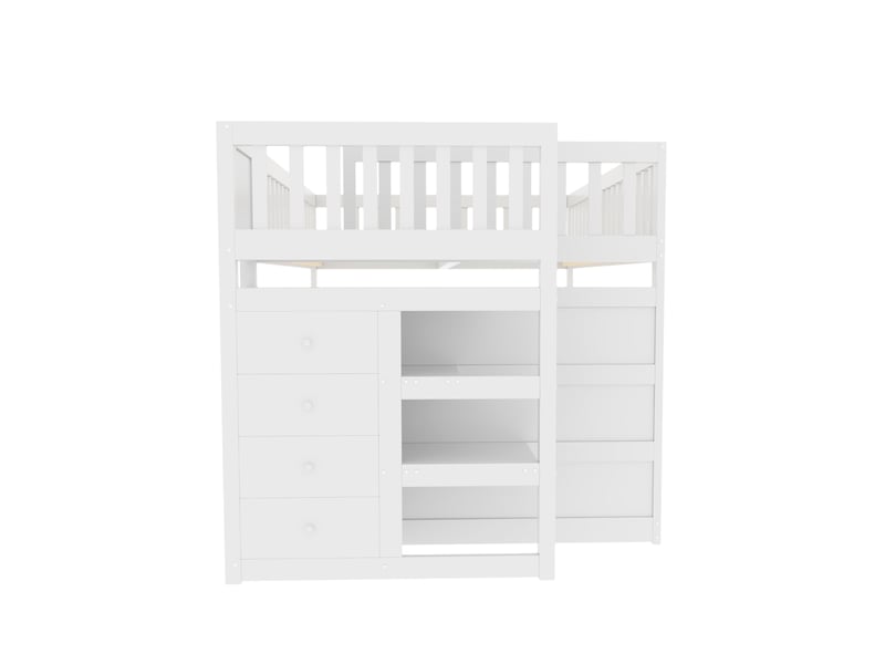  Lit superposé enfant 140x200 cm, sommier à lattes, garde-corps, 4 tiroirs de rangement inclus, bois et mdf, blanc  - Conforama E