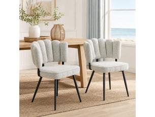 Lot de 2 chaises de salle à manger à dossier fleur en tissu bouclé gris clair et pieds métal noirs