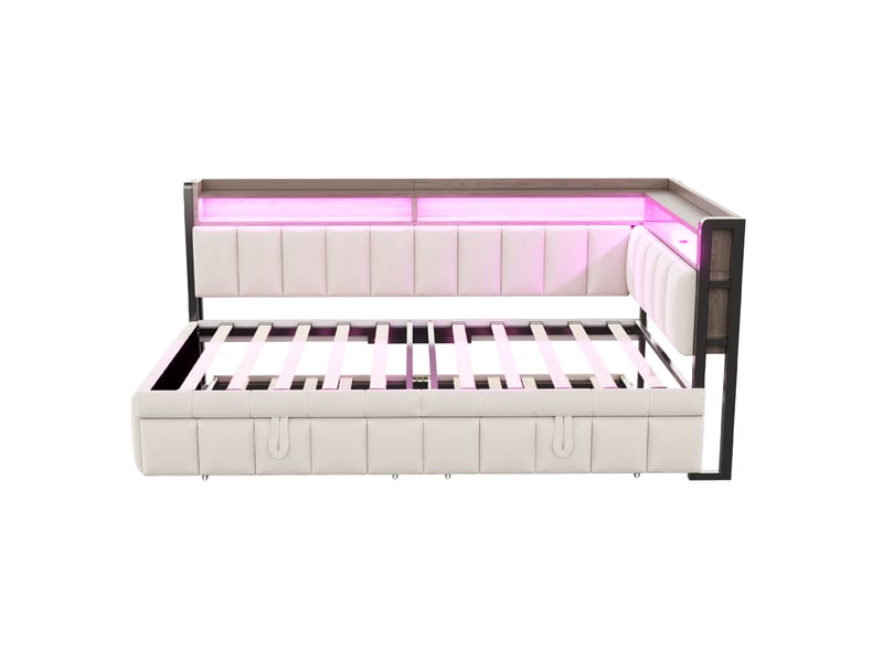 Lit gigogne 90x200 cm en velours beige, led réglable, rangements et ports usb type-c intégrés au dossier - Conforama E