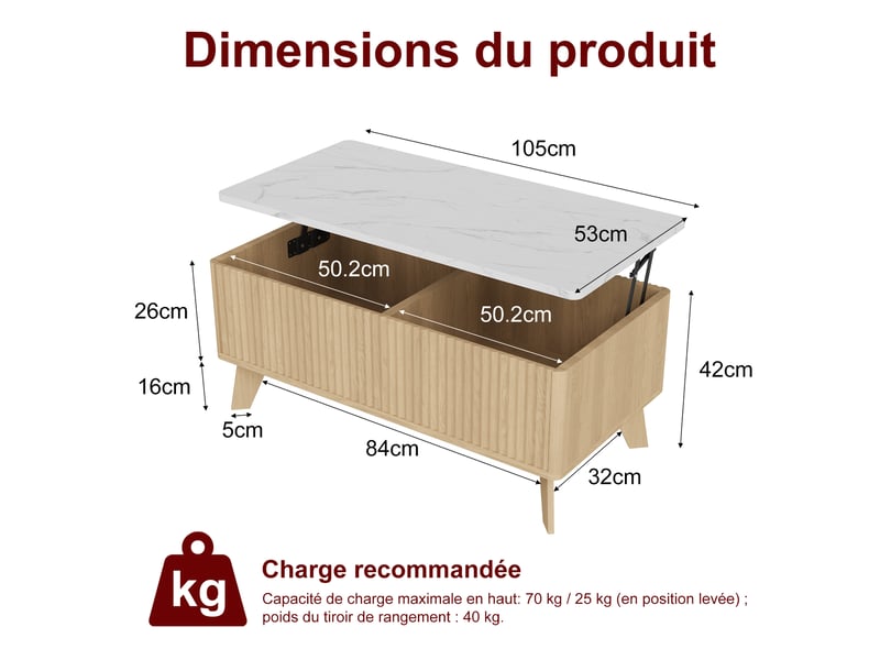  Table basse relevable – plateau marbre –  rangement xxl –  design scandinave – bois  - Conforama C