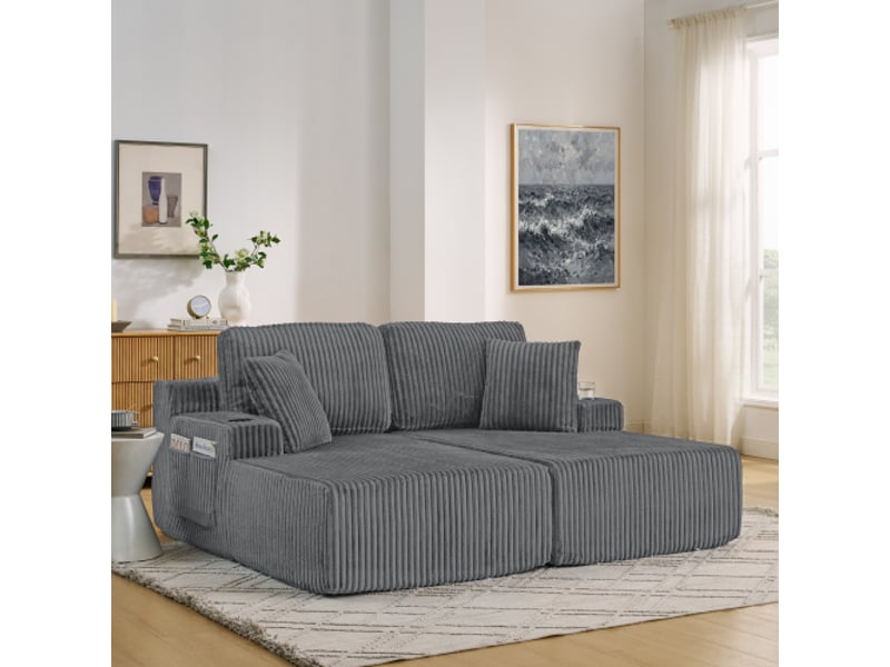 Canapé-lit 2 places et fauteuil lounge en velours côtelé gris, poche latérale, porte-gobelets, coussins – salon - Conforama B