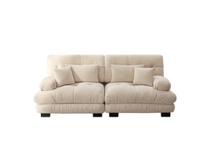Canapé 2 places en chenille marron clair, effet nuage, assise profonde et accoudoirs arrondis pour salon, avec coussins