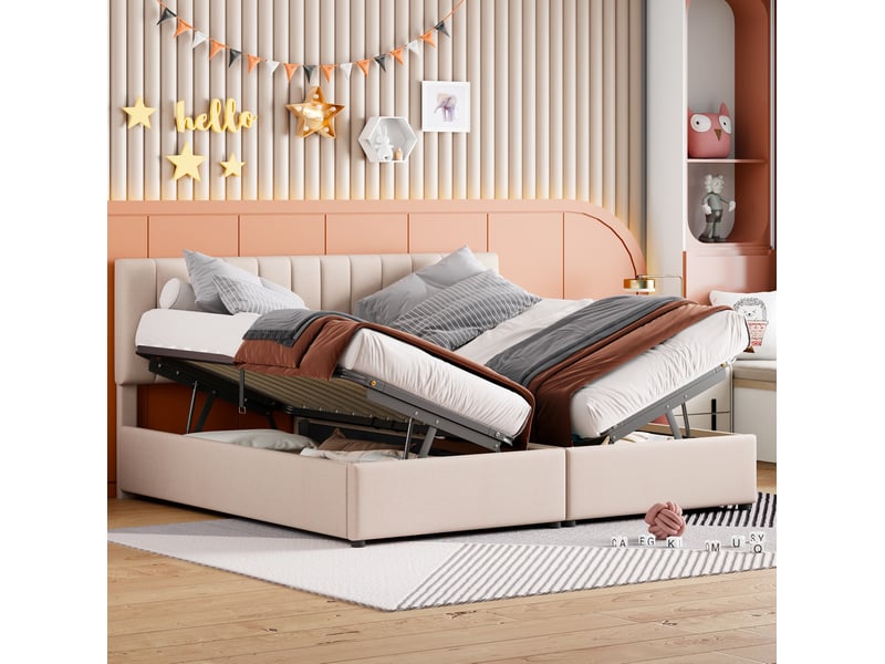  Lit coffre tcqpz 180 x 200 cm beige convertible en deux lits 90 cm avec rangement hydraulique tête de lit réglable  - Conforama B