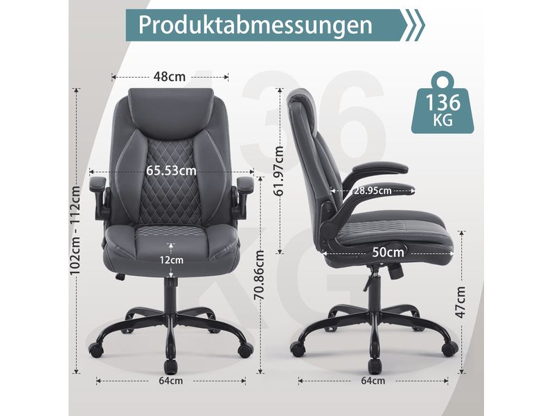  Chaise de bureau ergonomique à hauteur réglable avec accoudoirs relevables et roulettes en similicuir gris  - Conforama C