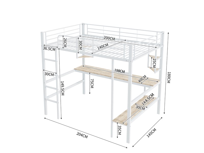 Lit mezzanine 140x200 cm bureau intégré grand rangement livres sécurité structure métal blanc sans matelas - Conforama C