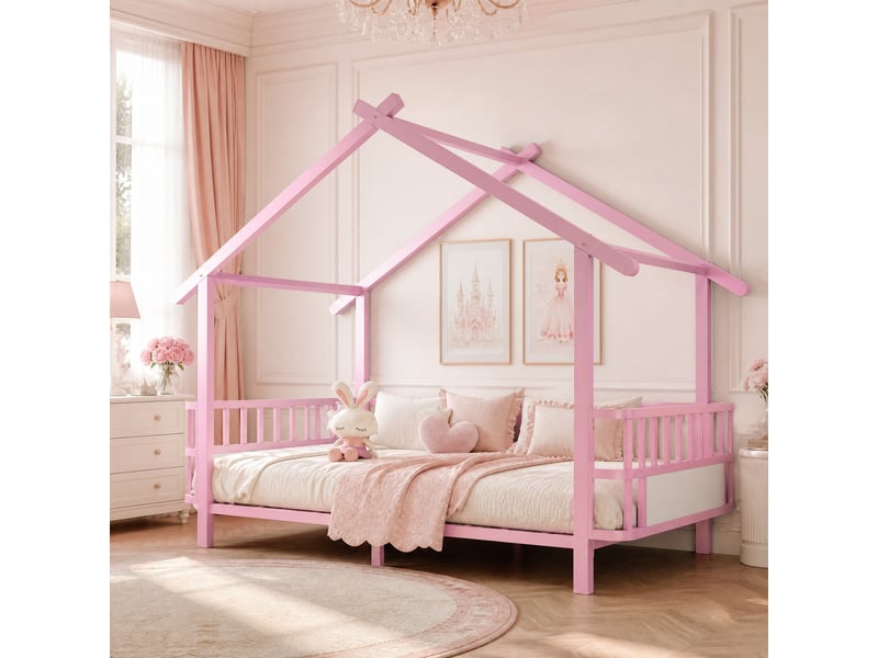  Lit cabane enfant en métal rose 90 x 200 cm avec barrières de sécurité et cadre décoratif  - Conforama C