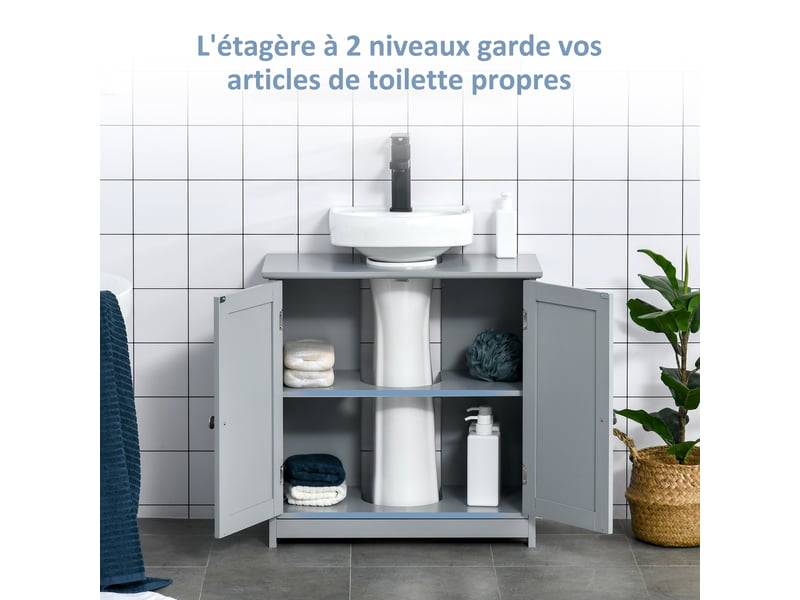  Meuble sous lavabo gris, placard 2 portes avec étagère, mdf, 60 x 30 x 60 cm  - Conforama W