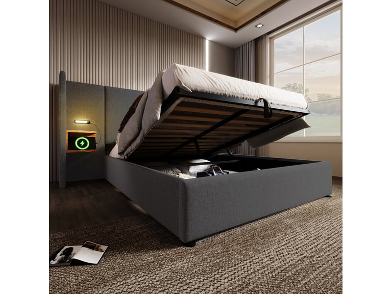  Lit coffre tcqpz 160 x 200 cm gris en lin avec lampe de lecture usb type-c  - Conforama D