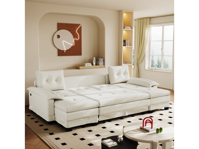  Canapé-lit d’angle u convertible crème, modulable, lit gigogne, coussins amovibles  - Conforama E
