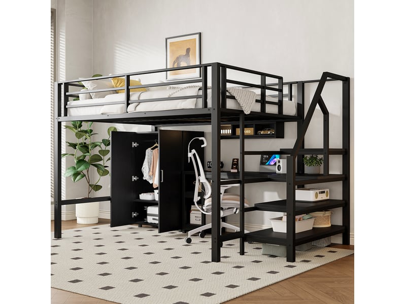  Lit surélevé enfant noir 140 x 200 cm avec armoire, étagères et bureau  - Conforama B