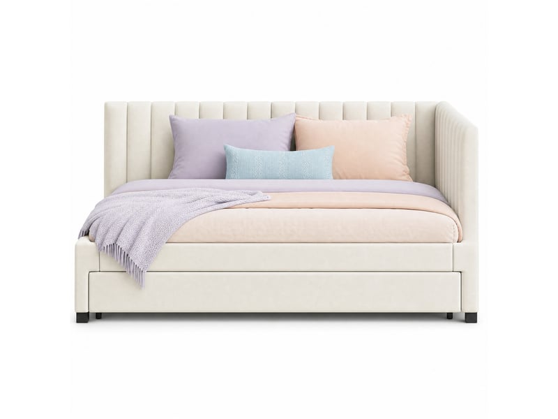  Lit banquette 90x200 cm avec lit gigogne et sommier à lattes, velours beige  - Conforama A