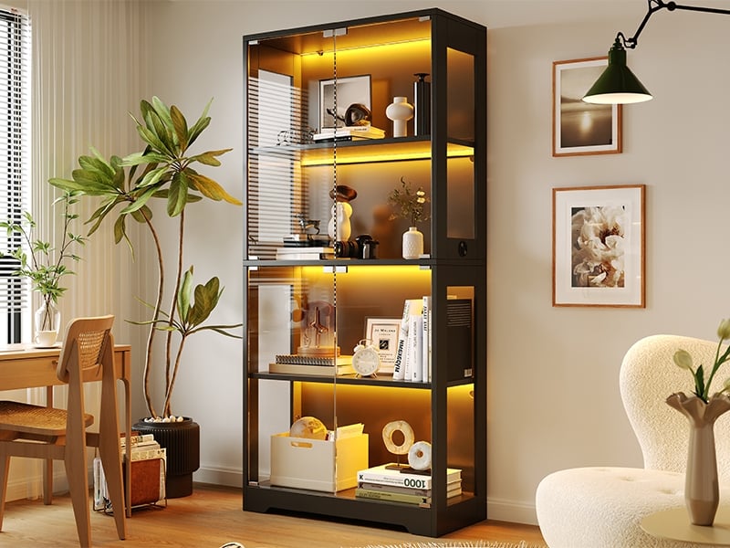 Vitrine led en verre trempé, 3 couleurs, capteurtactile, socle rond, parois acrylique, push-to-open, 80x35x160cm, noir - Conforama B