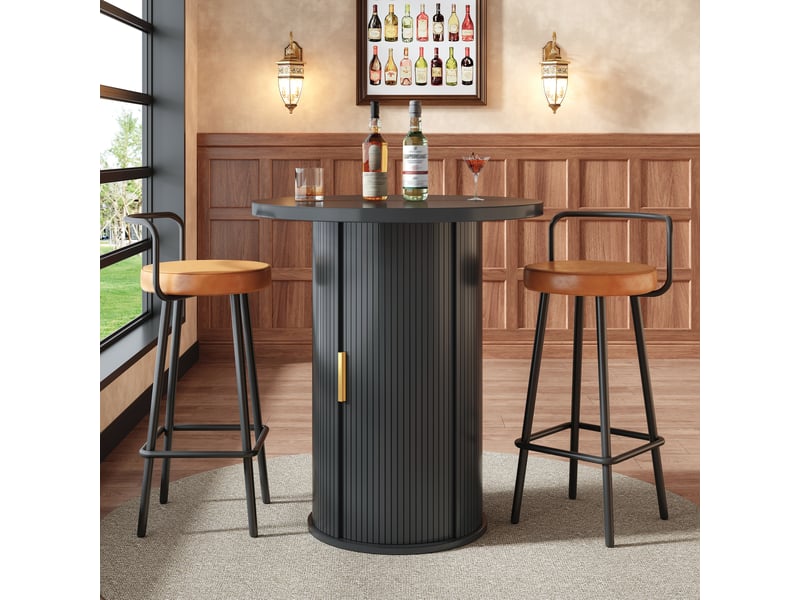 Table de bar ronde avec rangement mange-debout aspect bois table haute pour salon 60x60x91cm - Conforama E