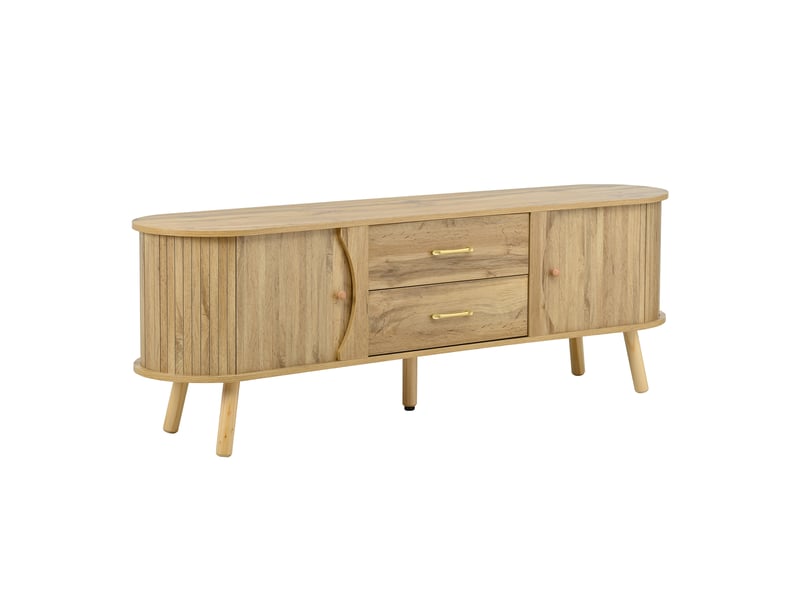  Meuble tv 160 cm style scandinave forme haricot avec 2 portes coulissantes et 2 tiroirs, pieds en bois massif, aspect bois naturel  - Conforama A