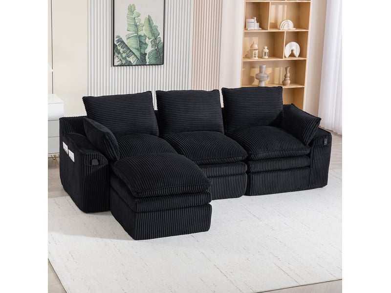  Canapé modulable 3 places avec pouf en velours côtelé noir  - Conforama D