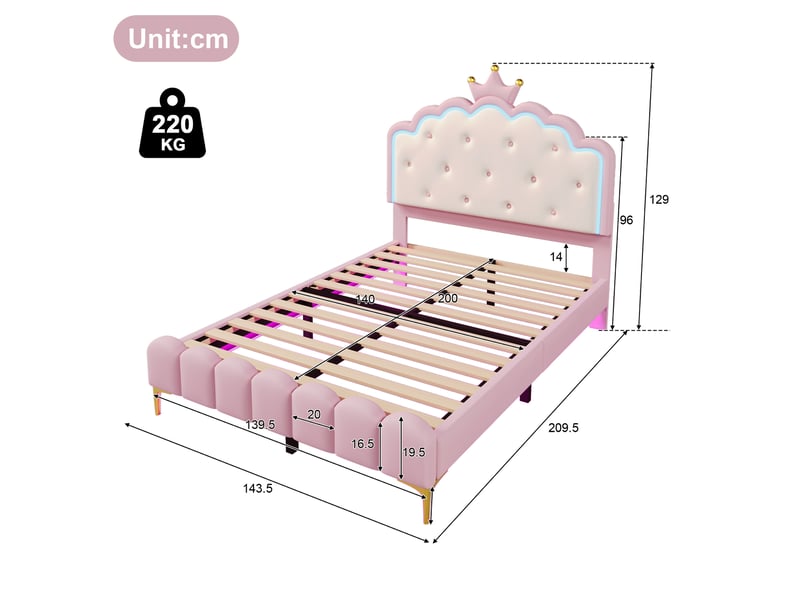  Lit rembourré tcqpz 140 x 200 cm avec cadre à lattes éclairage led d’ambiance tête de lit couronne rose polyuréthane  - Conforama C