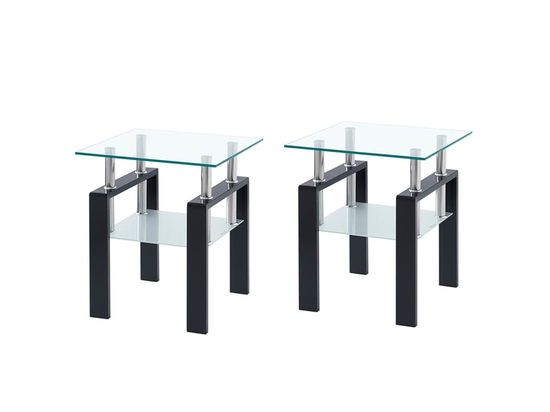  Lot de 2 tables d'appoint carrées avec 2 niveaux ouverts en verre trempé et pieds noirs pour salon 45 × 45 × 52 cm  - Conforama A