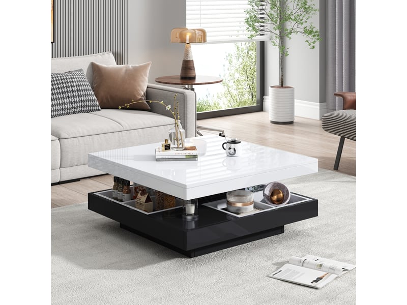  Table basse pivotante 360 avec rangement, table de salon blanc et noir haute brillance, 70x70x36 cm  - Conforama W