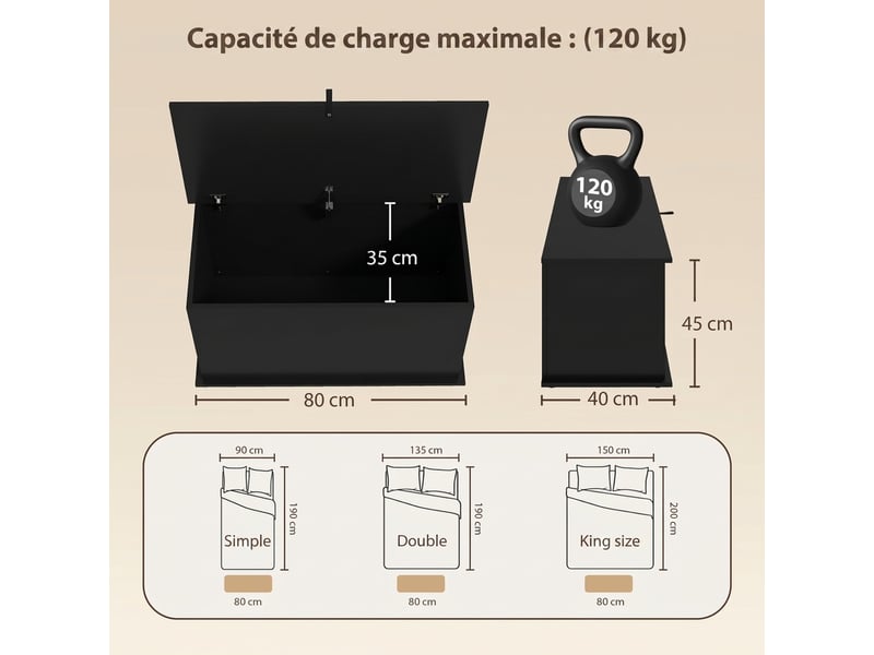  Coffre de rangement avec couvercle rabattable noir 80 x 40 x 45 cm  - Conforama C