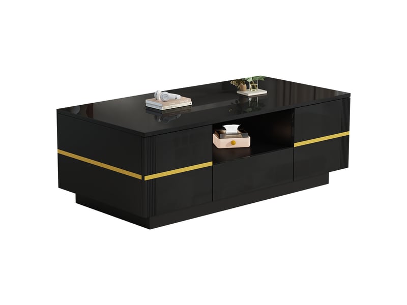  Table basse 100x50x35,5 cm noire et dorée, led, 2 portes, 1 tiroir et niche ouverte Fay Lum - Conforama A