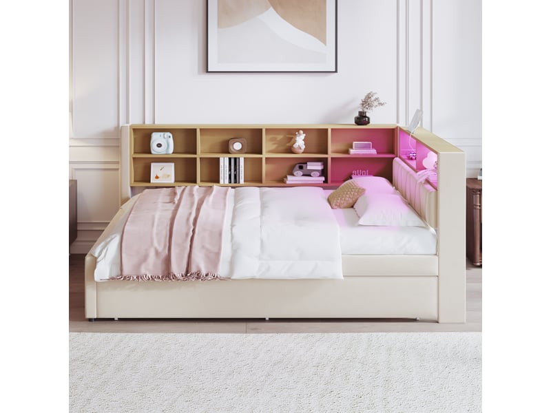  Lit banquette rembourré 140x200 cm avec lit gigogne 90x190 cm, rangements, led, usb, usb-c et prise électrique, sommier à 24 lattes, flanelle beige Radiant Stride - Conforama D