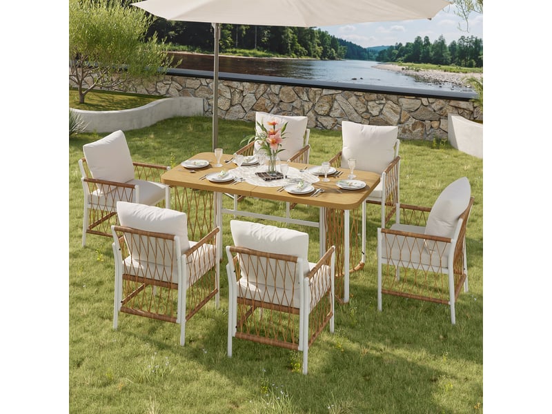 Ensemble de salon de jardin moderne, canapé, fauteuils, coussins, structure en fer - Conforama B