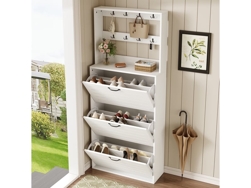  Meuble à chaussures 70x25x163 cm, 3 portes, 8 crochets et capacité 10 à 15 paires, rangement pratique pour entrée et couloir - blanc  - Conforama B
