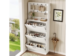 Meuble à chaussures 70x25x163 cm, 3 portes, 8 crochets et capacité 10 à 15 paires, rangement pratique pour entrée et couloir - blanc