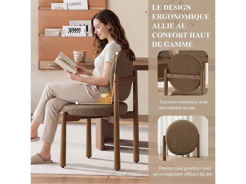  Lot de 2 chaises de salle à manger design moderne, dossier rond confortable, assise épaisse rembourrée, pieds en bois robustes, structure stable pour cuisine et salon, marron foncé  - Conforama E
