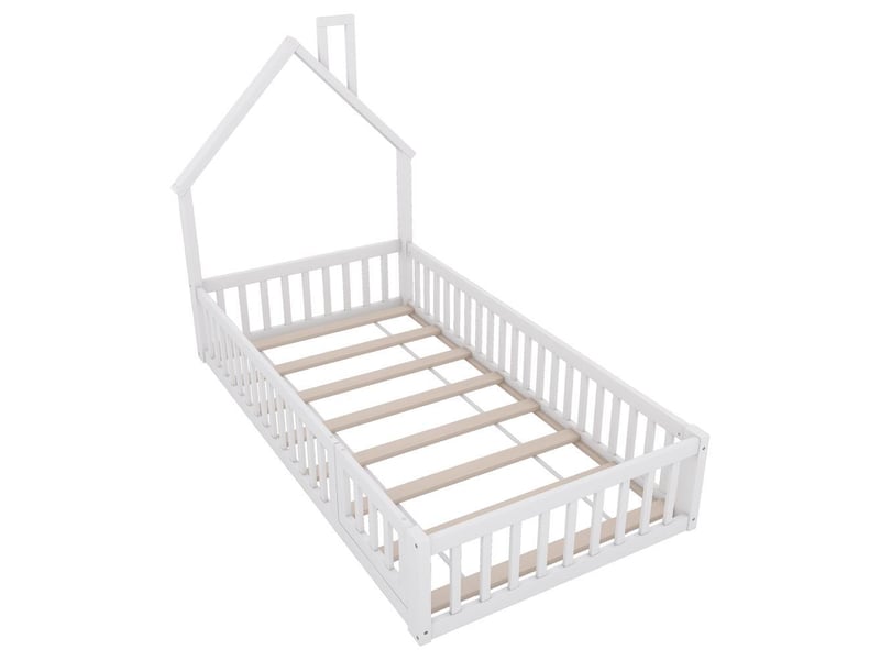 Lit enfant 90x200cm, lit cabane bois forme cheminée, barrières sécurité, sommier lattes, blanc - Conforama R