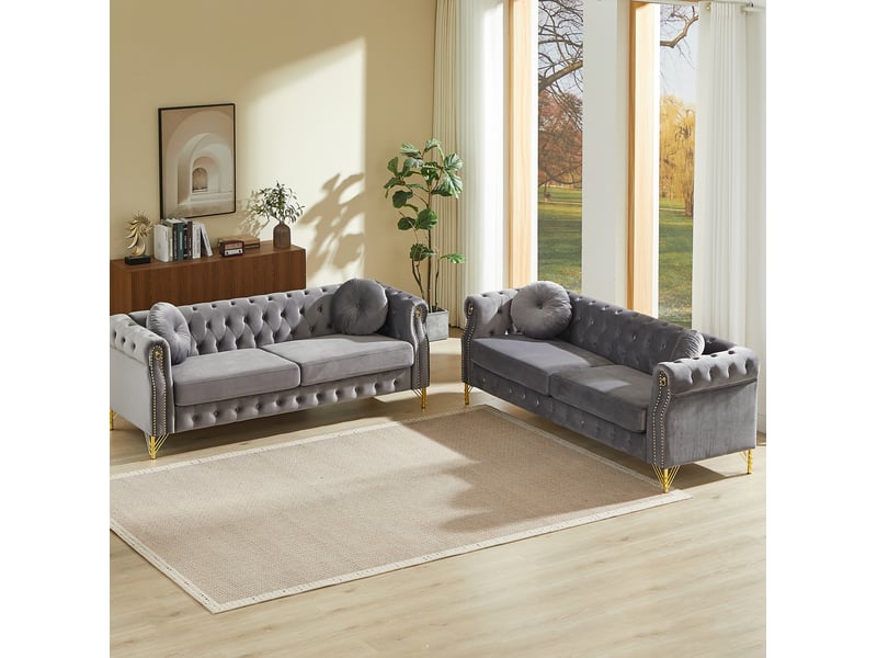  Canapé 3+3 places en velours gris avec pieds en métal dorés  - Conforama W