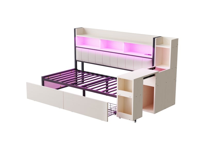 Lit multifonction 90x200cm rangements tiroirs bureau coulissant prises led charge 120kg métalbois blanc sans matelas - Conforama R