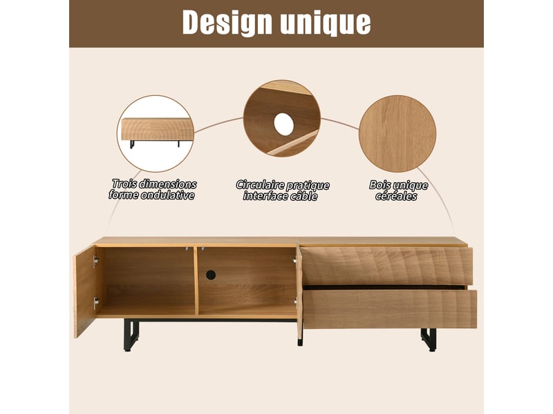  Meuble tv scandinave 180 cm avec texture 3d et pieds métal - naturel  - Conforama E