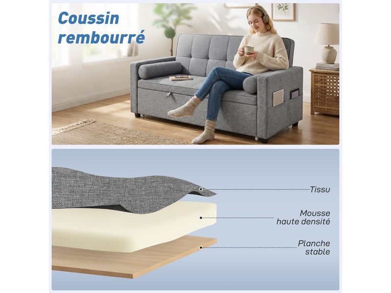  Canapé convertible 2 places 3 en 1 canapé-lit avec lit gigogne double dossier réglable 2 coussins gris 80,5x137,5x84cm  - Conforama R