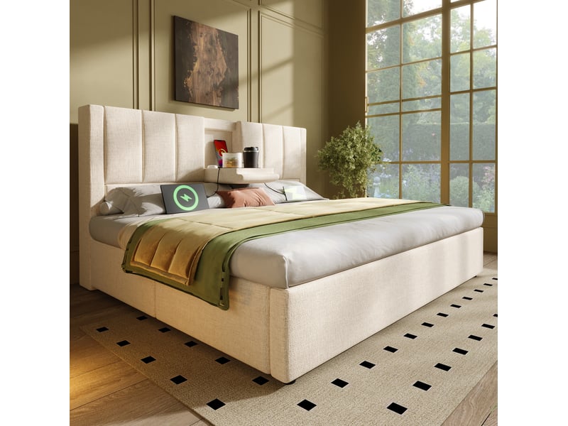  Lit coffre double 140x200 cm avec porte-gobelet et station de charge usb, sommier inclus, bois et métal, couleur beige  - Conforama D