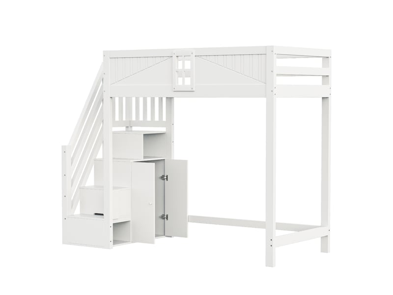  Lit mezzanine en bois massif 90 x 200 cm blanc, échelle latérale réversible avec rangement, garde-corps à fenêtre  - Conforama A