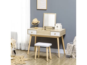 Coiffeuse moderne avec miroir coulissant, rangement pour bijoux, 2 tiroirs et tabouret, couleur bois