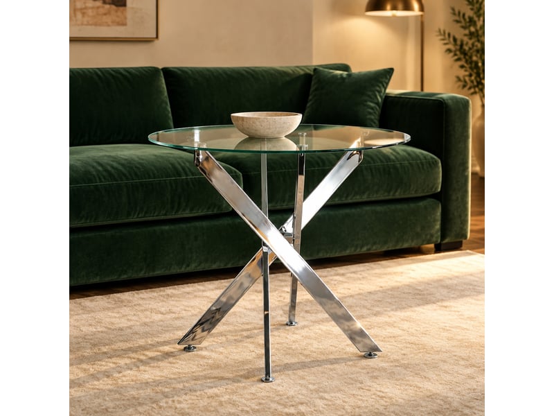  Table de salle à manger ronde avec plateau en verre, pieds croisés en métal et style moderne, argent  - Conforama B