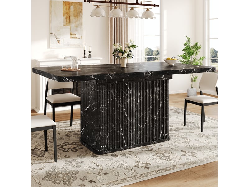  Table à manger extensible 140-180x80 cm avec rangement caché, plateau effet marbre noir, façade rainurée verticale, pieds réglables en métal  - Conforama B
