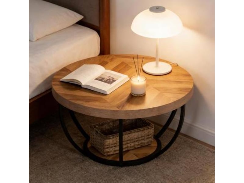 Table basse ronde à deux niveaux avec plateau effet bois et piètement métallique pour salon ou bureau, finition bois - Conforama B