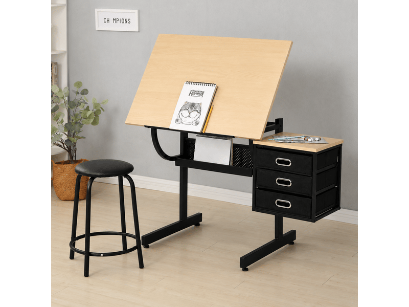  Table à dessin réglable érable avec tabouret et 3 tiroirs, plateau inclinable de 0 à 75 degrés  - Conforama B