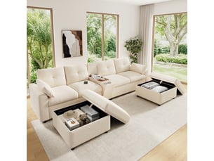 Canapé d'angle panoramique fixe <strong></strong> <strong></strong> 6 places Tissu beige avec coffre de rangement