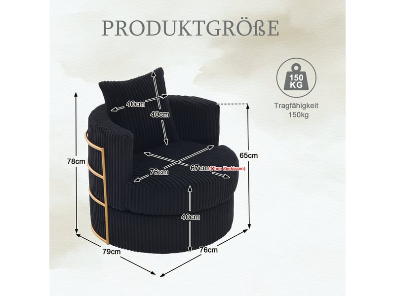  Canapé fauteuil pivotant 360° en velours côtelé noir avec rangement sous l'assise et mousse haute densité  - Conforama C