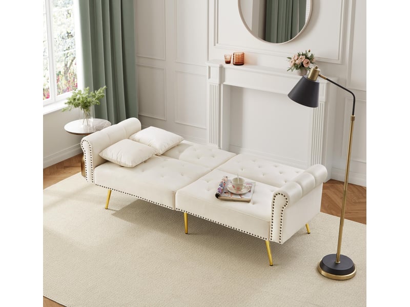 Canapé droit convertible - 2 places, design contemporain avec dossier multi-positions - revêtement velours, pieds métal - gris - Conforama C