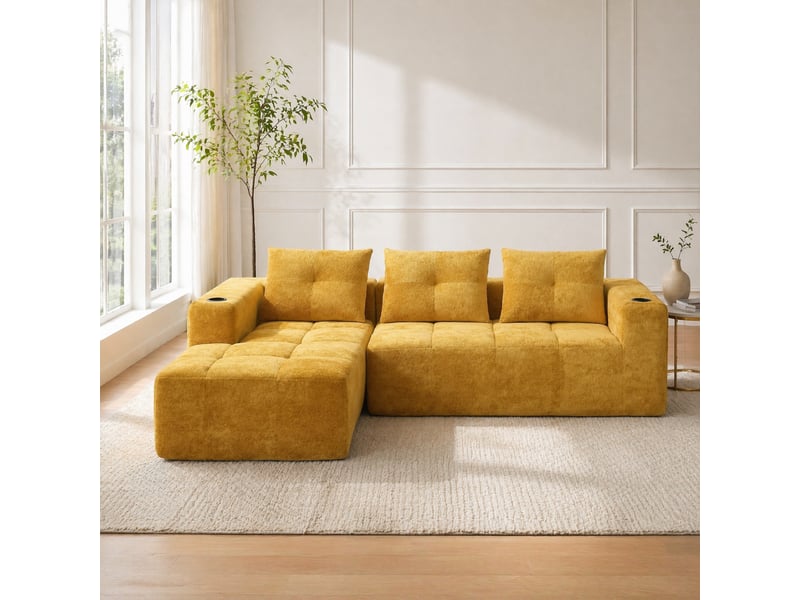  Canapé d’angle 4 à 5 places avec porte-gobelets  - assise profonde en chenille jaune 258 × 163 × 68 cm  - Conforama B